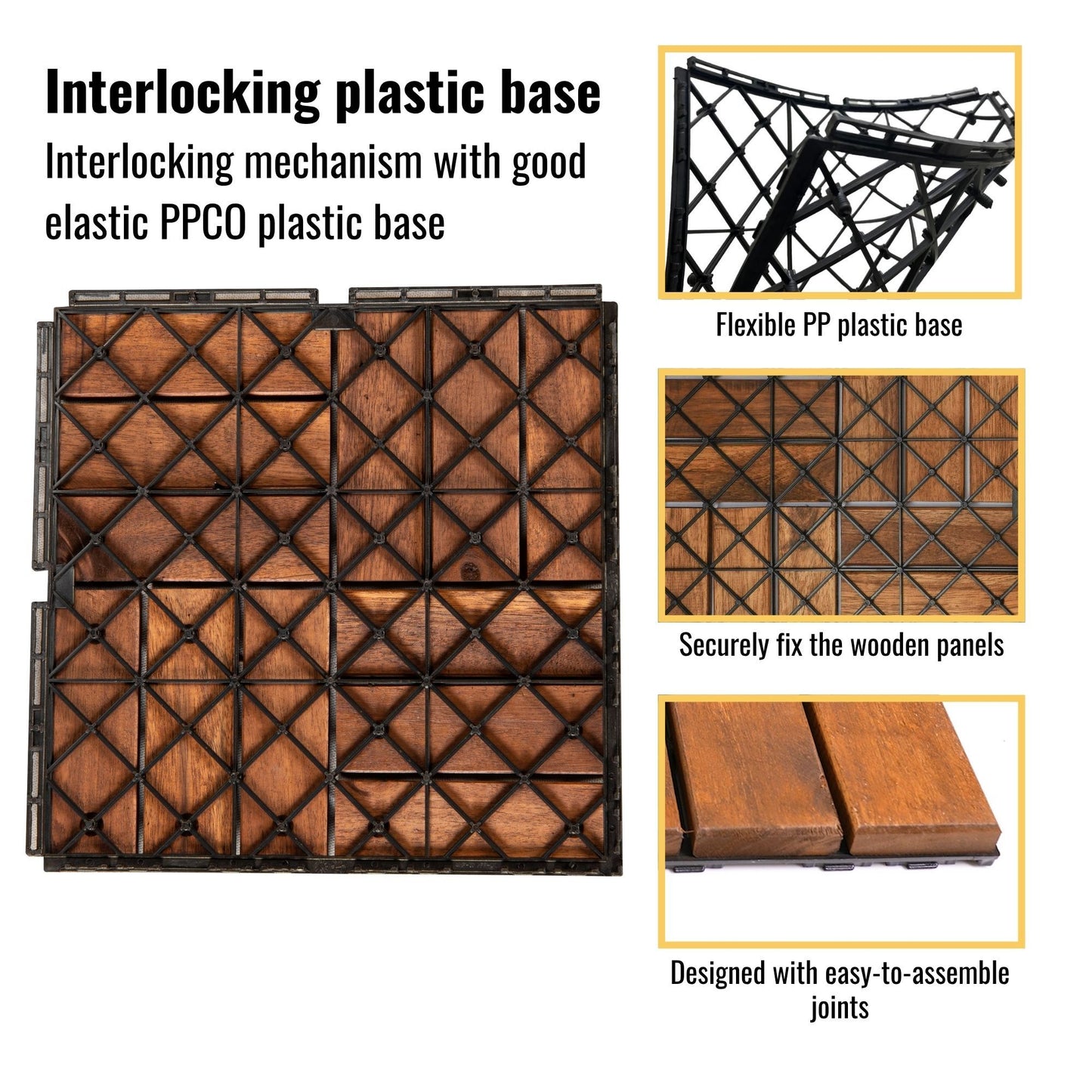 Acacia Wood Interlocking Deck Tiles Checker Pattern, 10 Piece Square Acacia Hardwood Outdoor Flooring For Patio, Bancony, Pool Side - Brown