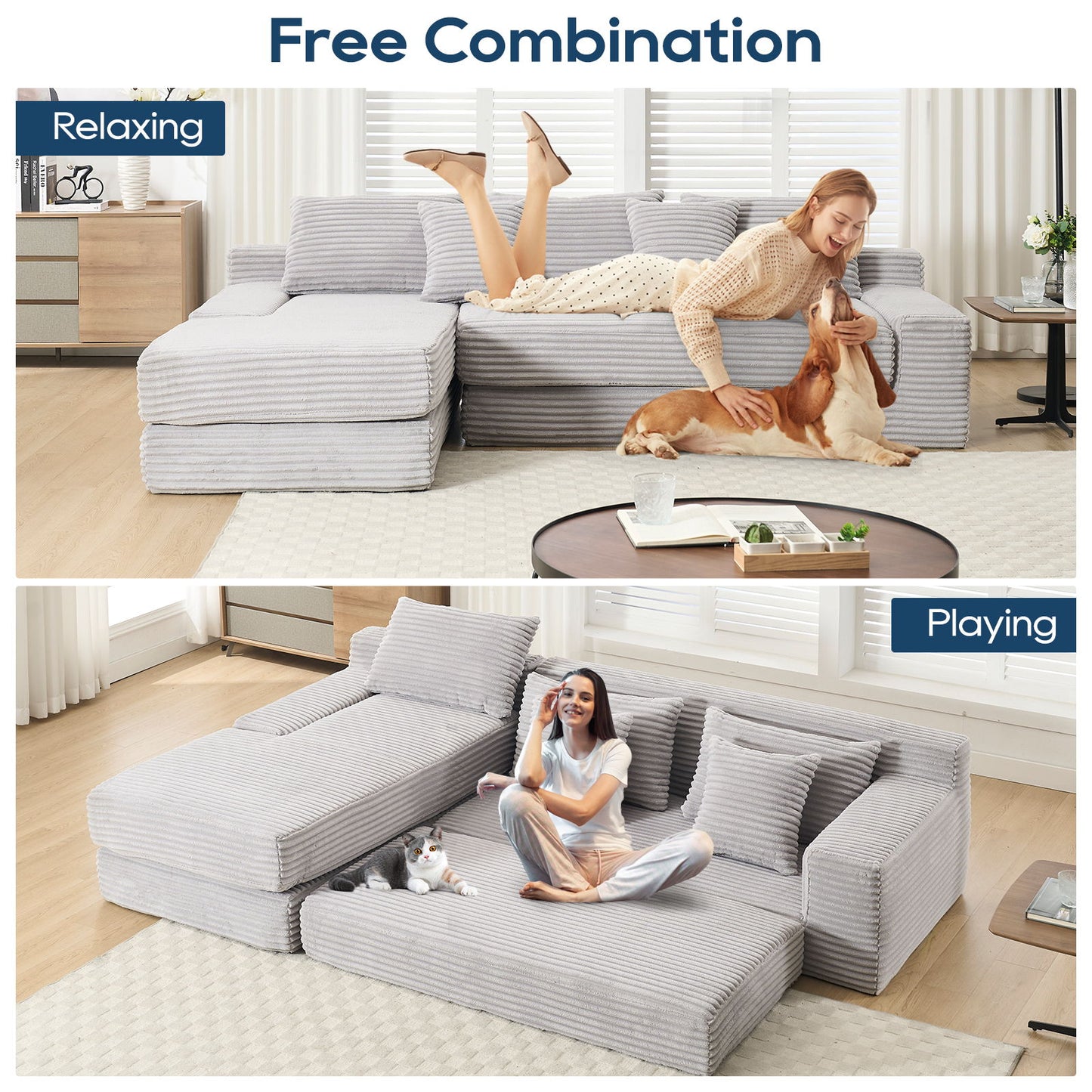 Modern L Shaped Sectional Sofa With Memory Foam & Steel Frame, Corduroy Fabric - Light Gray