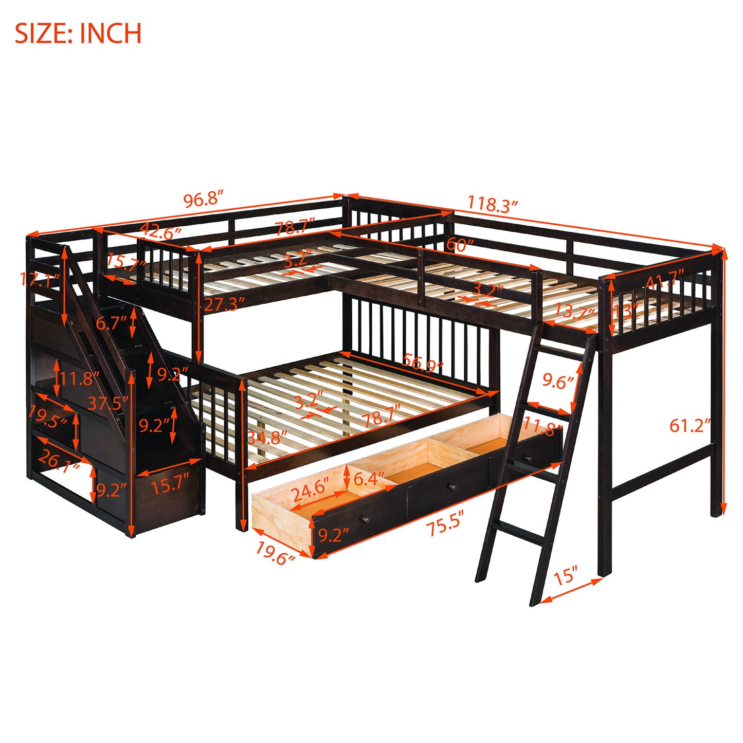 Twin Over Full L Shaped Bunk Bed With 3 Drawers, Ladder And Staircase - Espresso