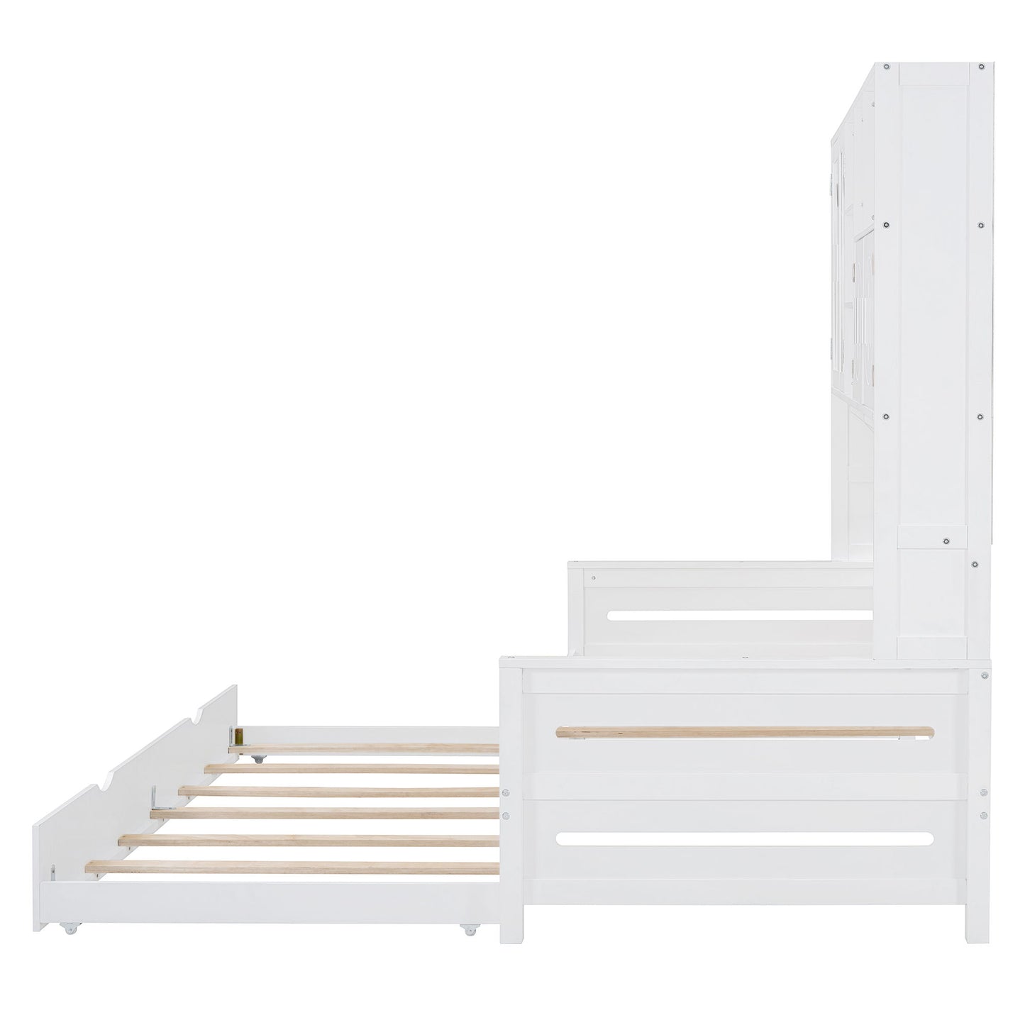 Twin Size Wooden Daybed With Twin Size Trundle, And All In One Cabinet And Shelf - White