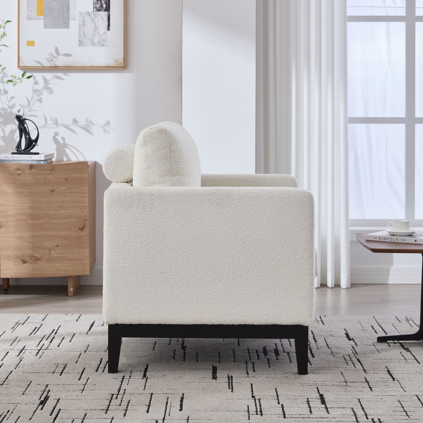 Wide Modern Farmhouse Performance Accent Chair With Black Legs, Wood Base Reading Armchair Single Sofa With 2 Bolster Pillows For Living Room Offices And Lounge - Ivory