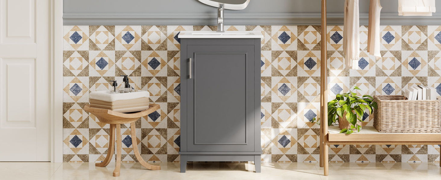 Modern Small Bathroom Vanity Cabinet With Ceramic Basin, Ample Storage, 1 Soft-Close Door - Gray