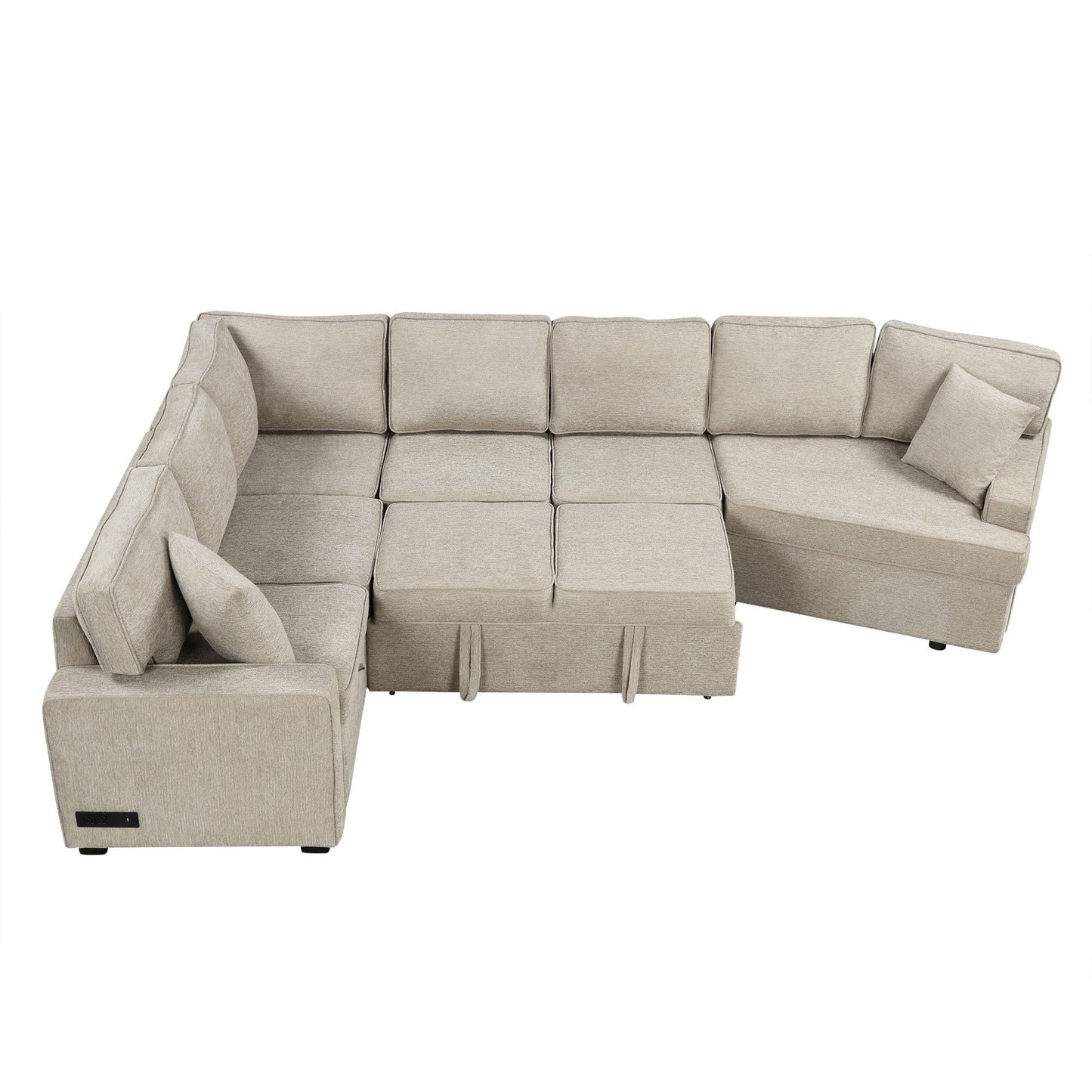 L-Shaped Sofa Sectional Sofa Couch Pull-Out Sofa Bed With Charging Devices And Cup Holders For Living Room - Beige