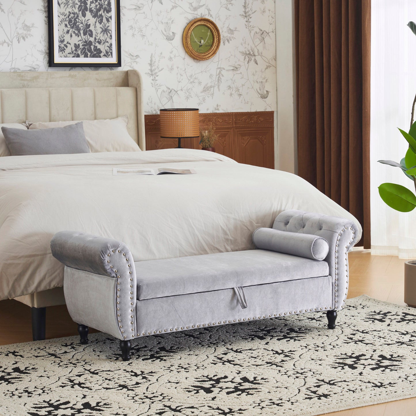 Velvet Multifunctional Storage Rectangular Ottoman Bench With Pillow - Gray
