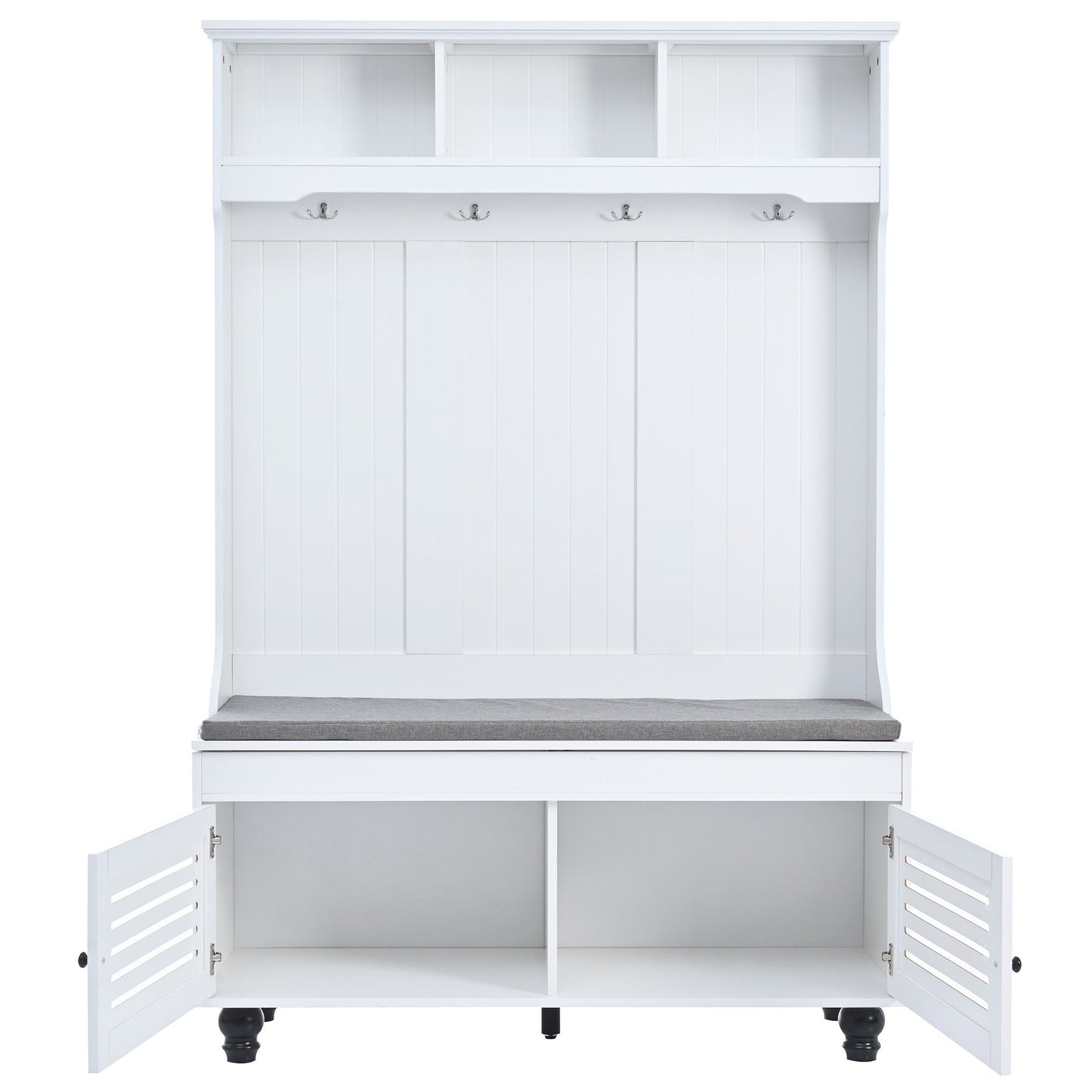 5 In 1 Entryway Bench With Shutter - Shaped Doors, Coat Rack, Cushion And 4 Sturdy Hooks, Wide Hall Tree With Storage Bench For Hallway, Entryway, Living Room - White