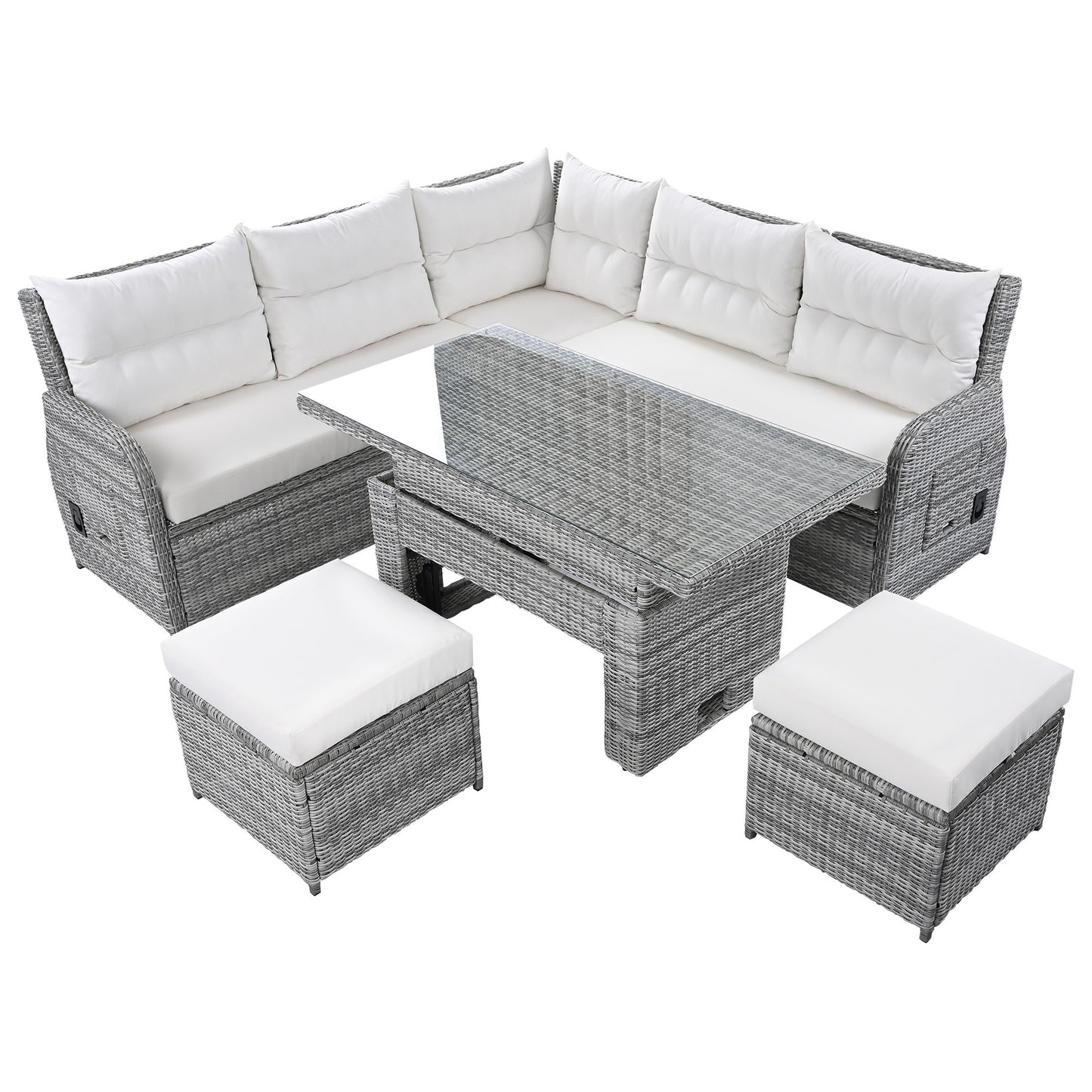 Outdoor Furniture Set Patio Rattan Furniture Set With An Adjustable Table, Recliners With Extendable Side Tables, And 2 Ottomans For Patio, Lawn, Backyard, Pool - Beige