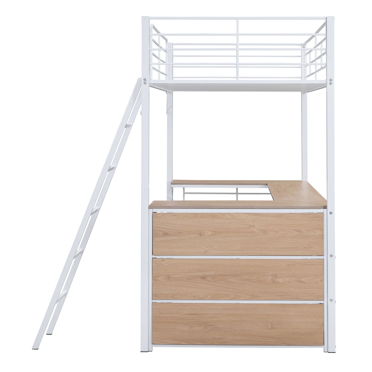 Twin Size Loft Bed With 3 Layers Of Shelves And L-Shaped Desk - White