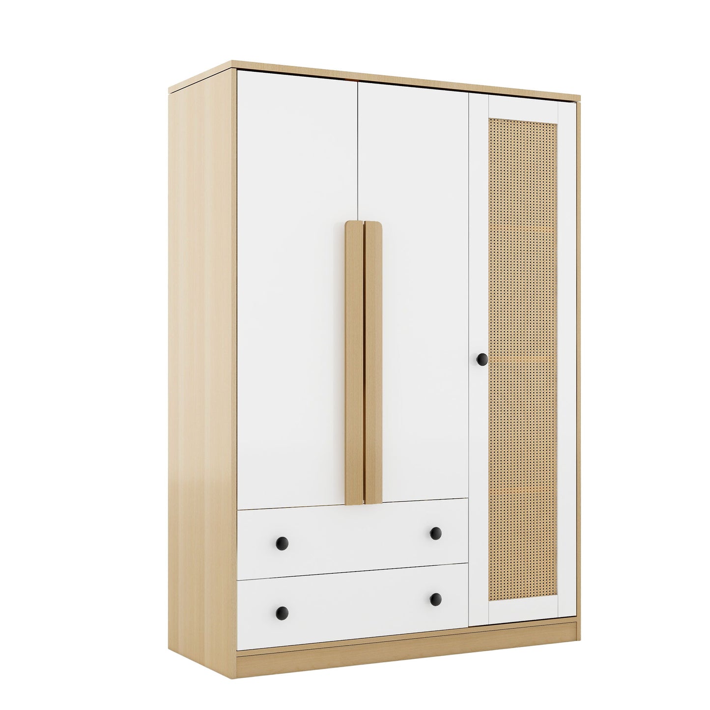 3 Doors Rattan Wardrobe Storage For Bedroom, With 2 Drawers - White / Nature
