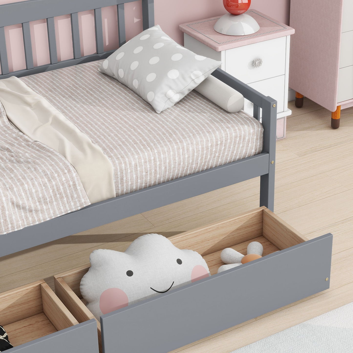 Twin Size Pine Wood Daybed With Two Storage Drawers, Sofa Bed With Bed Platform Of 10 Support Slats - Gray