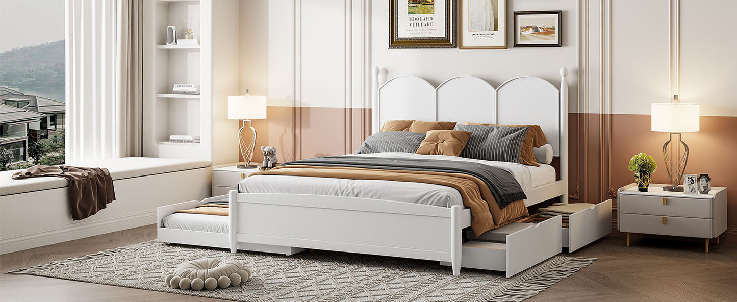Queen Size Platform Bed With With 2 Big Drawers, Twin Long Size Trundle - White
