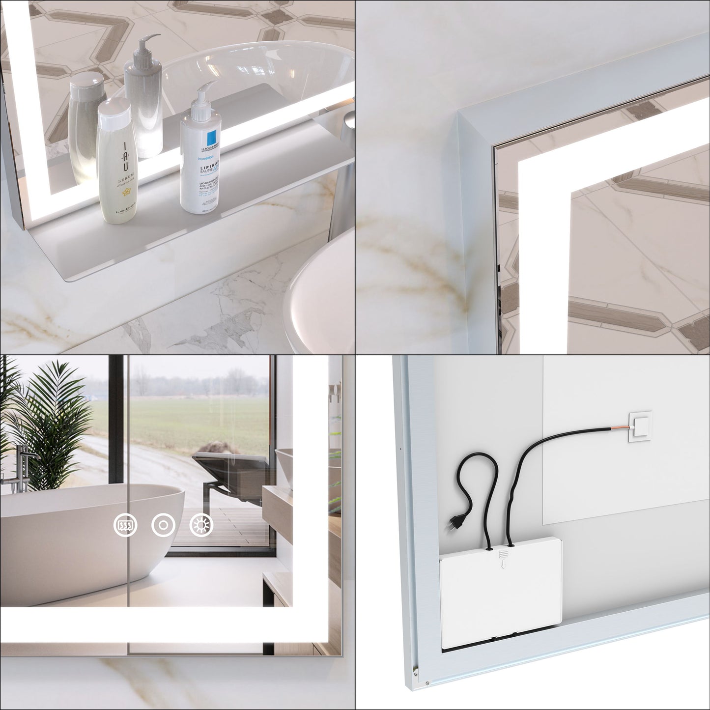 LED Bathroom Vanity Mirror Wall Mounted Adjustable White / Warm / Natural Lights Anti-Fog Touch Switch With Memory Modern Smart Large Bathroom Mirrors - Silver