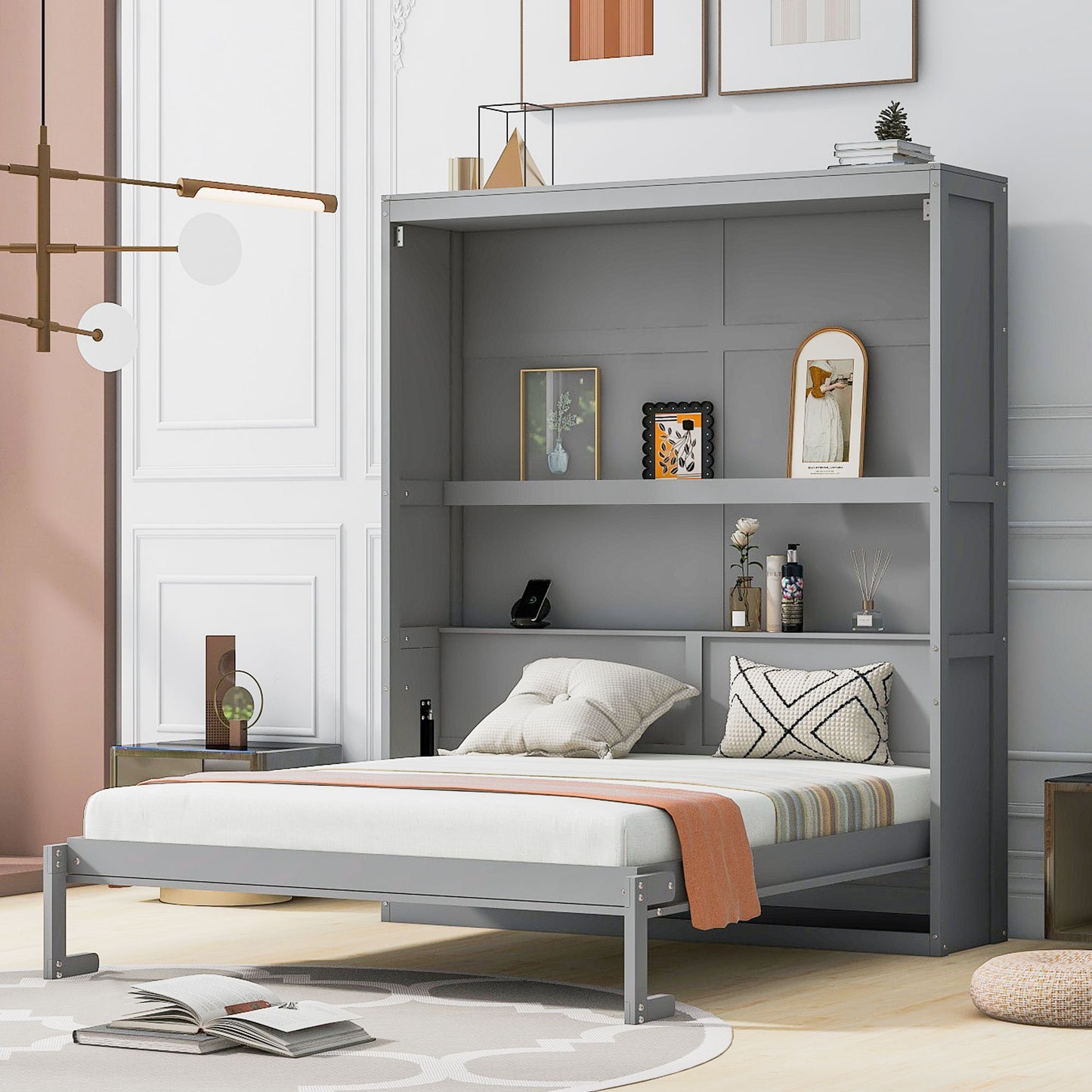 Queen Size Murphy Wall Bed With Shelves, Space Saving And Construction - Gray
