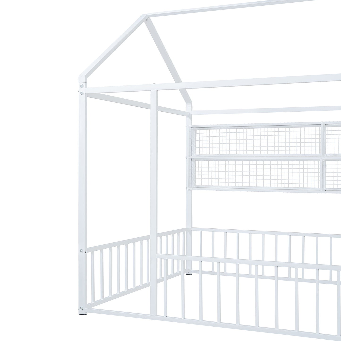 Full Size Bed House Frame With Fence And Shelves - White