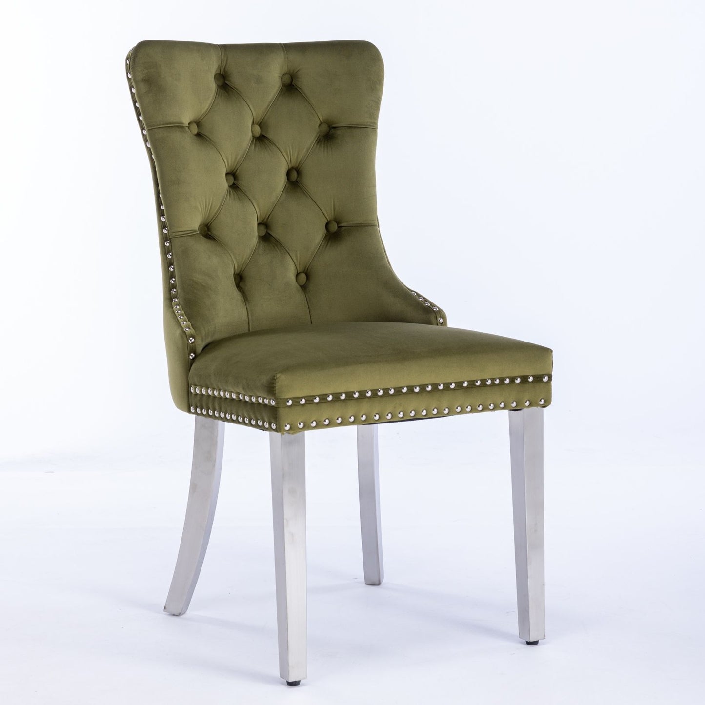 Nikki - Modern, High-End Tufted Solid Wood Contemporary Velvet Upholstered Dining Chair With Chrome Stainless Steel Plating Legs, Nailhead Trim (Set of 2) - Olive Green / Chrome