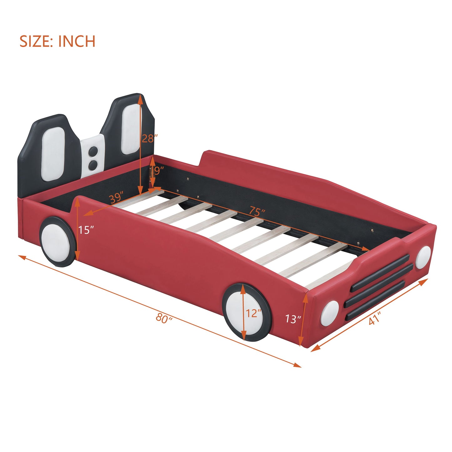 Twin Size Race Car Shaped, Platform Bed & Wheels - Red
