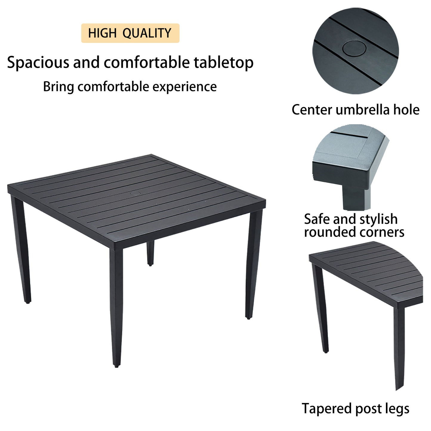 5 Piece Outdoor Patio Modern Dining Set, 4 Dining Chairs Sunbrella Fabric And Square Dining Table With Umbrella Hole - Ember Black
