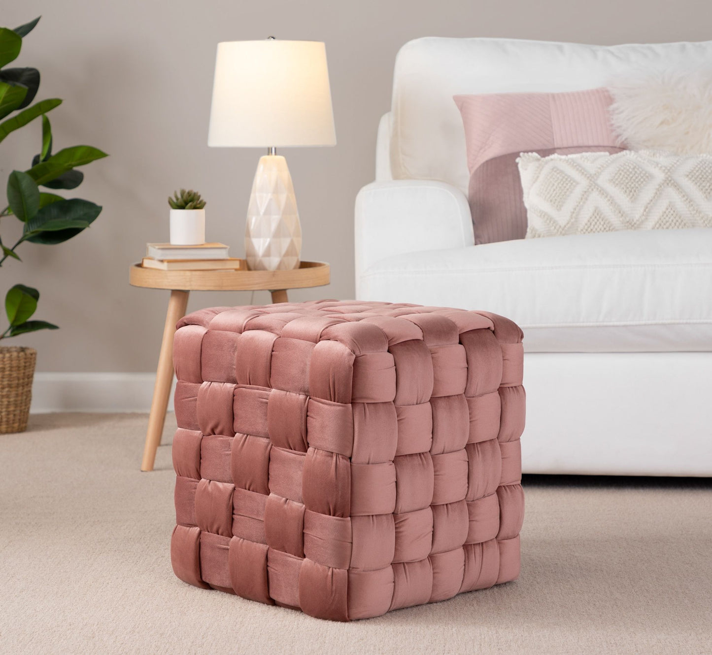 Square Braided Ottoman - Blush Pink