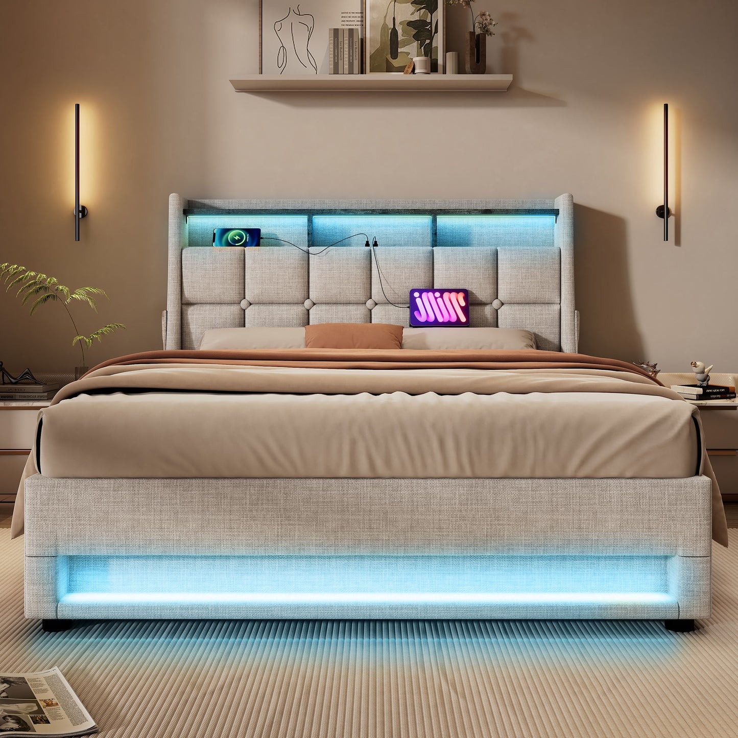 Full Size Upholstered Platform Bed With A Hydraulic Storage System, LED And USB Charging (Without Mattress) - Natural