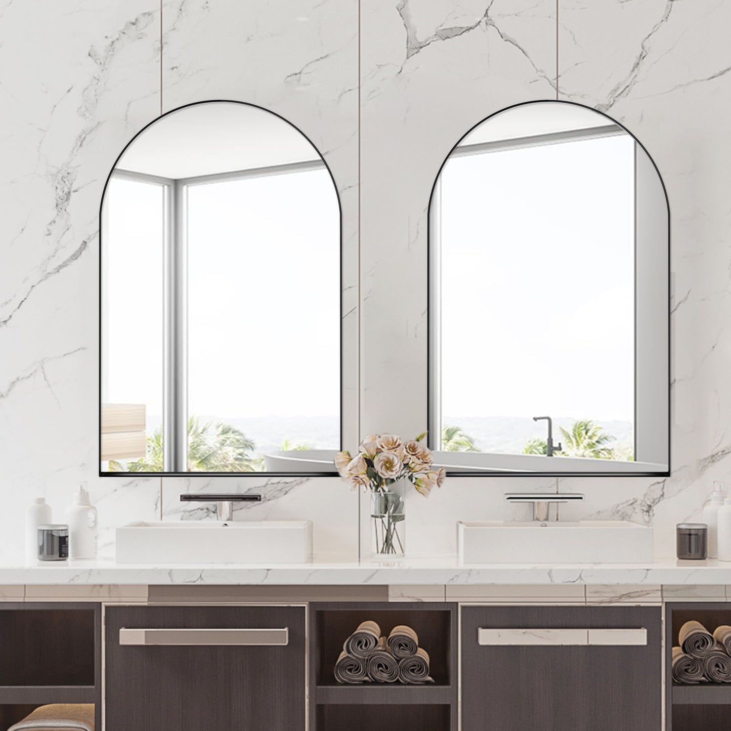 Arched Recessed Medicine Cabinet, Metal Framed Bathroom Wall Cabinet With Mirror And Adjustable Shelves, Wall Mirror With Storage For Bathroom - Matte Black