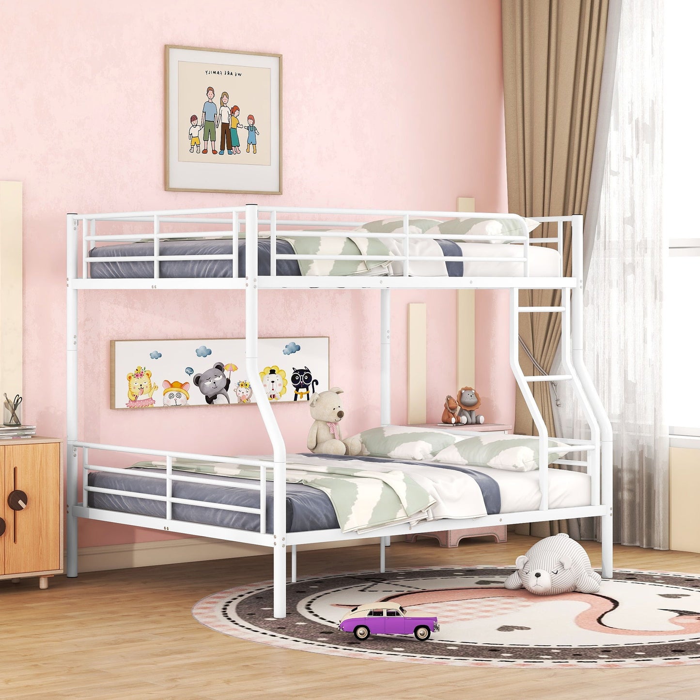 Full Long Over Queen Metal Bunk Bed - White