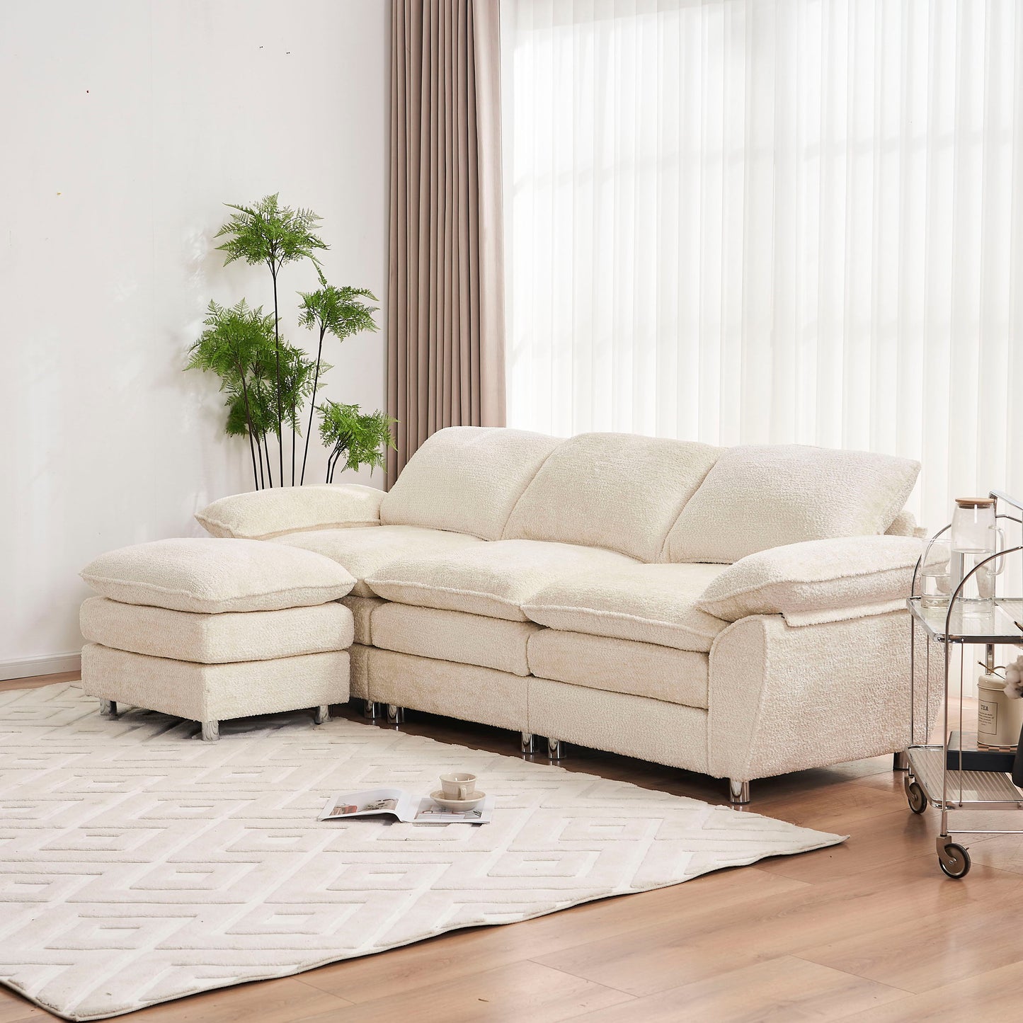Modern Deep 3 Seat Sofa Couch With Ottoman, Polyester Sofa Sleeper Comfy Upholstered Furniture For Living Room - Beige