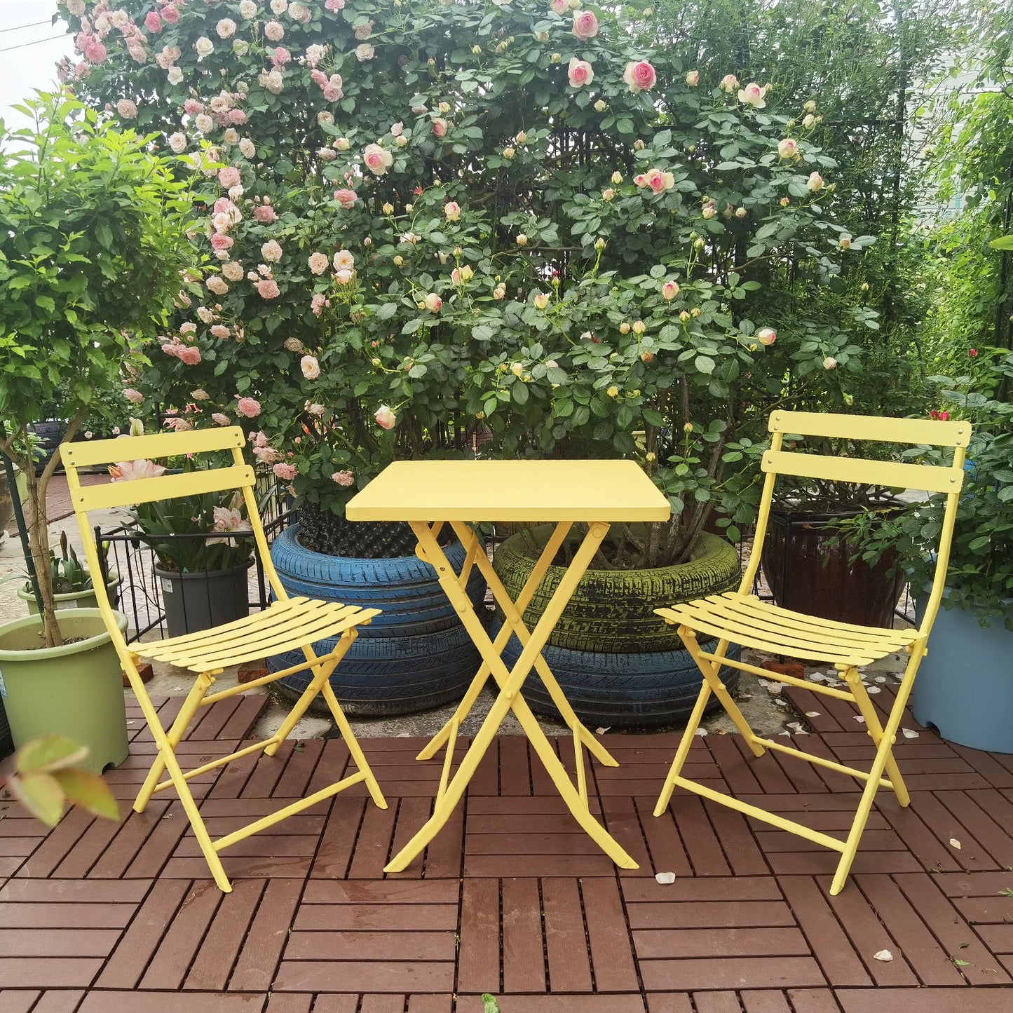 3 Piece Patio Bistro Set Of Foldable Square Table And Chairs - Yellow