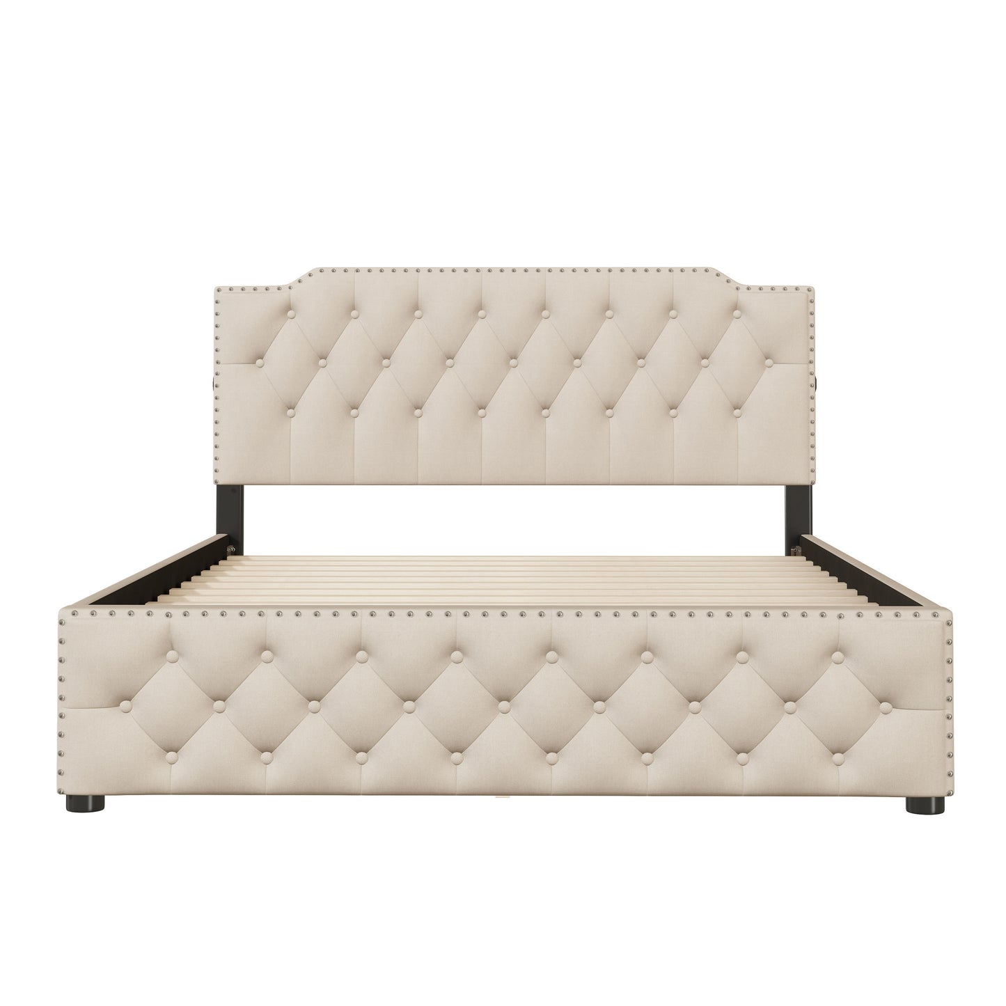 Queen Size Upholstered Platform Bed With 2 Drawers And 2 Sets Of USB Ports On Each Side - Beige