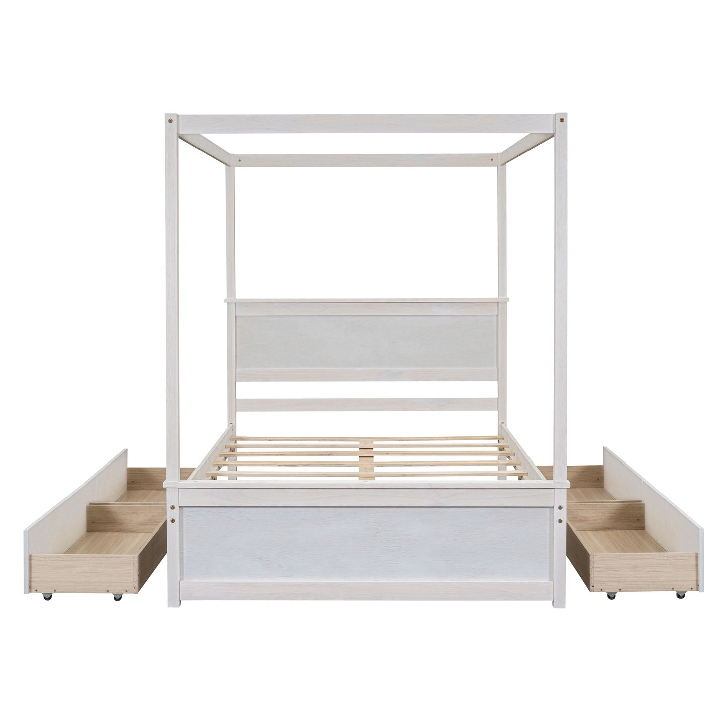 Full Size Canopy Platform Bed With 4 Drawers And Support Slats, No Box Spring Needed - Brushed White