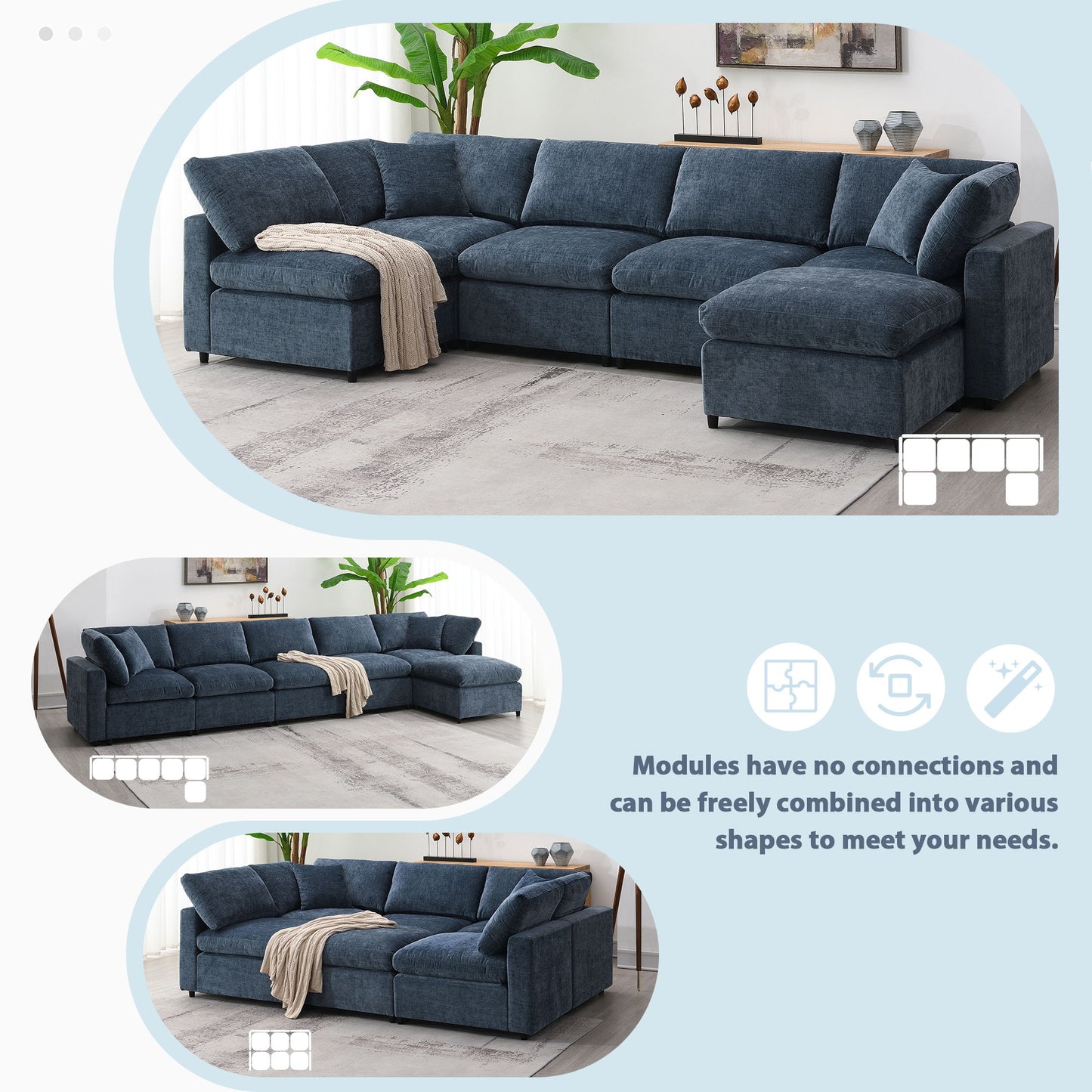 Modern Modular Cloud Sofa Bed, 6 Seat Chenille Sectional Couch Set With Ottoman, Free Combination, Convertible U Shaped Sleeper Sofa - Dark Blue