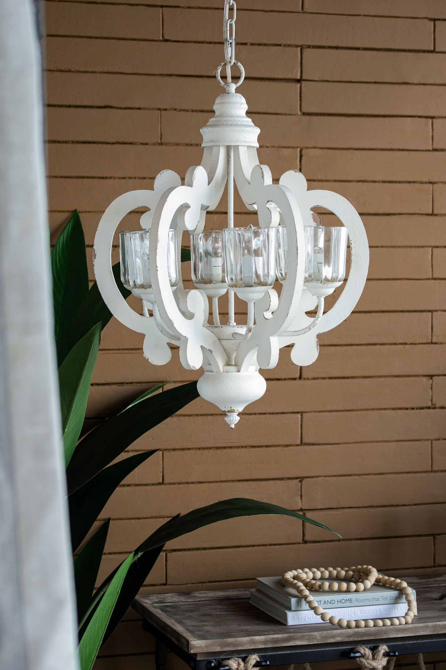 Farmhouse Chandelier, 6 Light Wood Chandelier Pendant Light Fixture With Adjustable Chain For Dining Room Living Room Entryway, Bulb Not Included - Cream