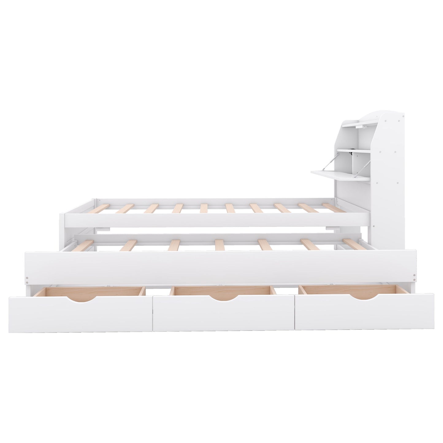 Twin Size LED Platform Bed With Trundle With Storage Headboard With Drawers - White