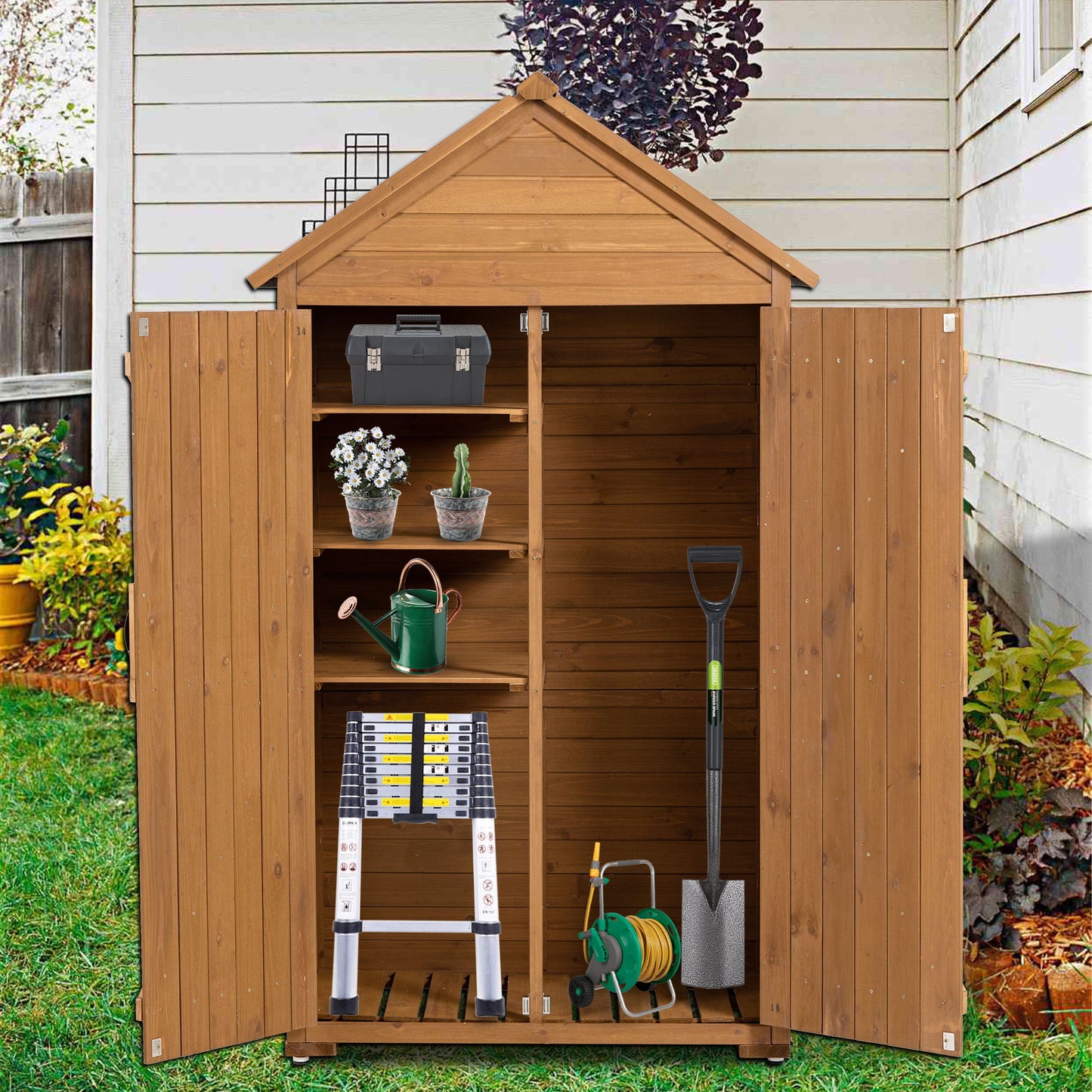 Outdoor Storage Cabinet, Garden Wood Tool Shed, Outside Wooden Shed Closet With Shelves And Latch For Yard - Light Brown