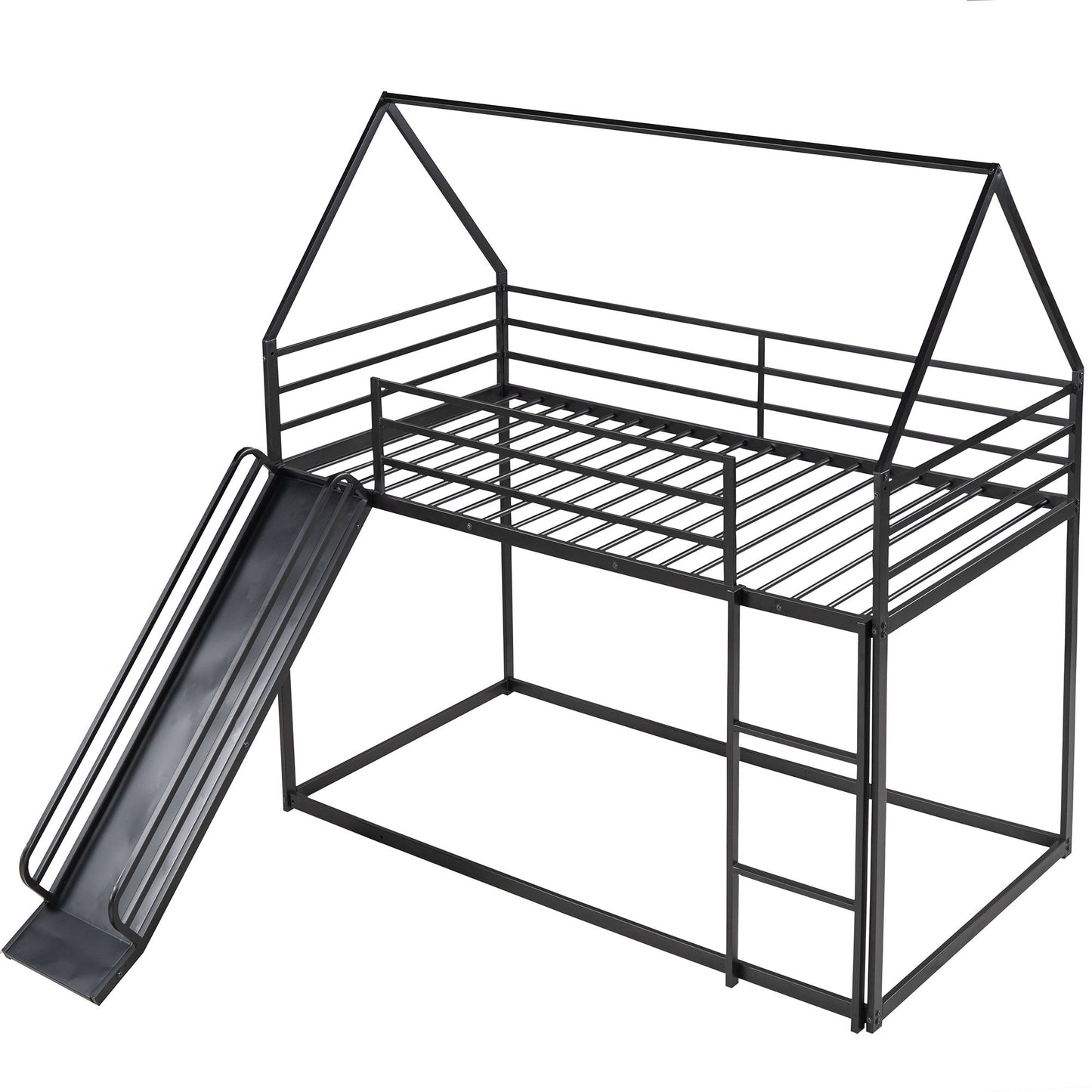 Twin Over Twin House Bunk Bed With Ladder And Slide - Black