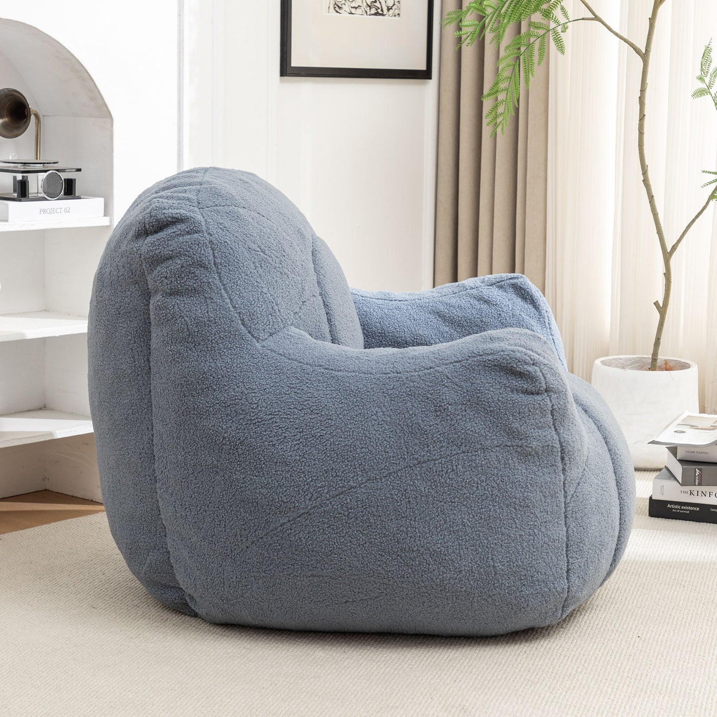 Comfy Bean Bag Chair With Filler, Tufted Memory Foam Sofa Teddy Fabric, Fluffy And Cozy Seating For Dorm, Apartment, Or Living Room - Light Blue