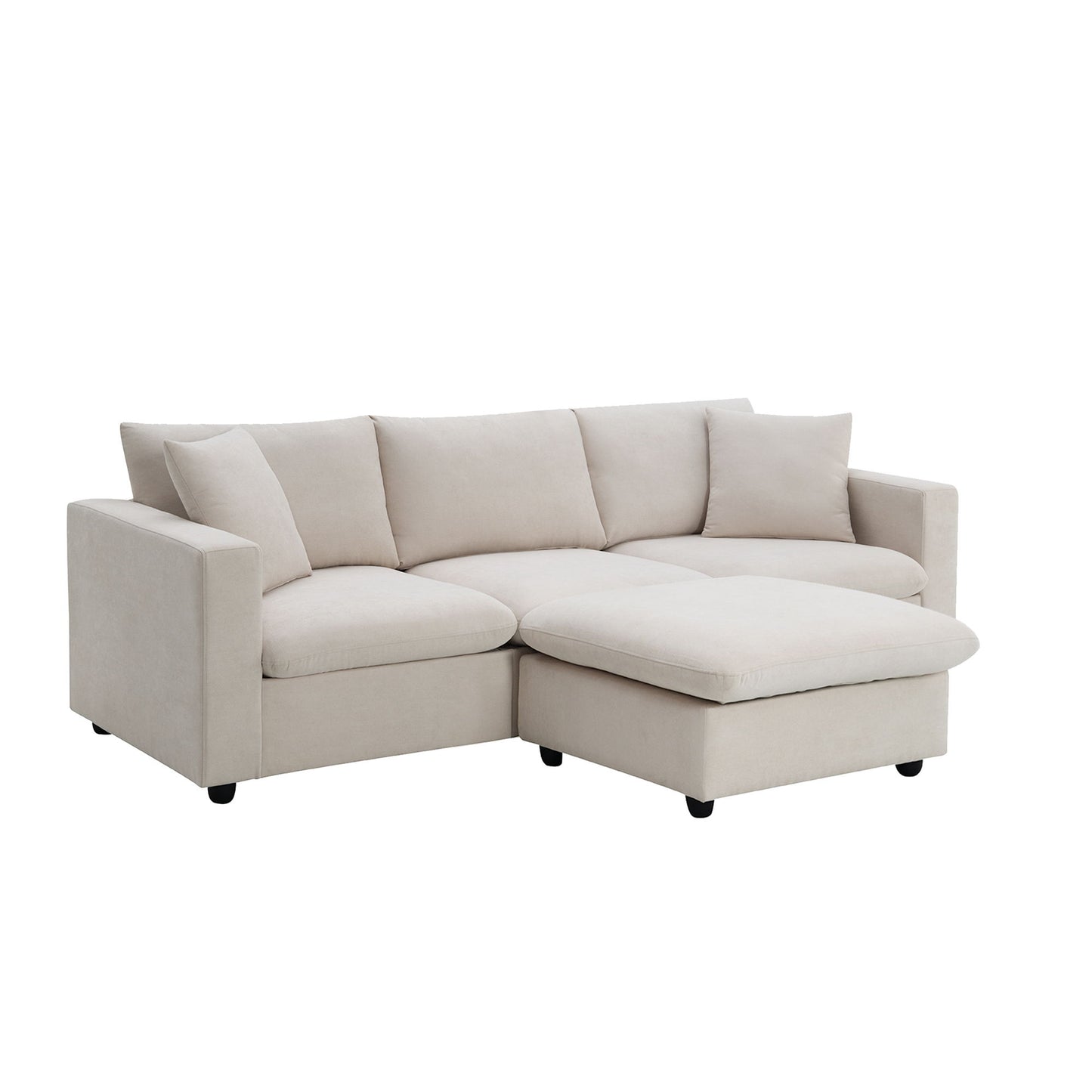 Modern Sectional Sofa With Throw Pillows, Cloud L Shaped Couch Set With Wide 4 Seat Comfy Couch Set With Movable Ottoman - Beige