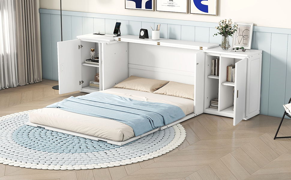 Queen Size Murphy Bed With Shelves, Cabinets And USB Ports - White
