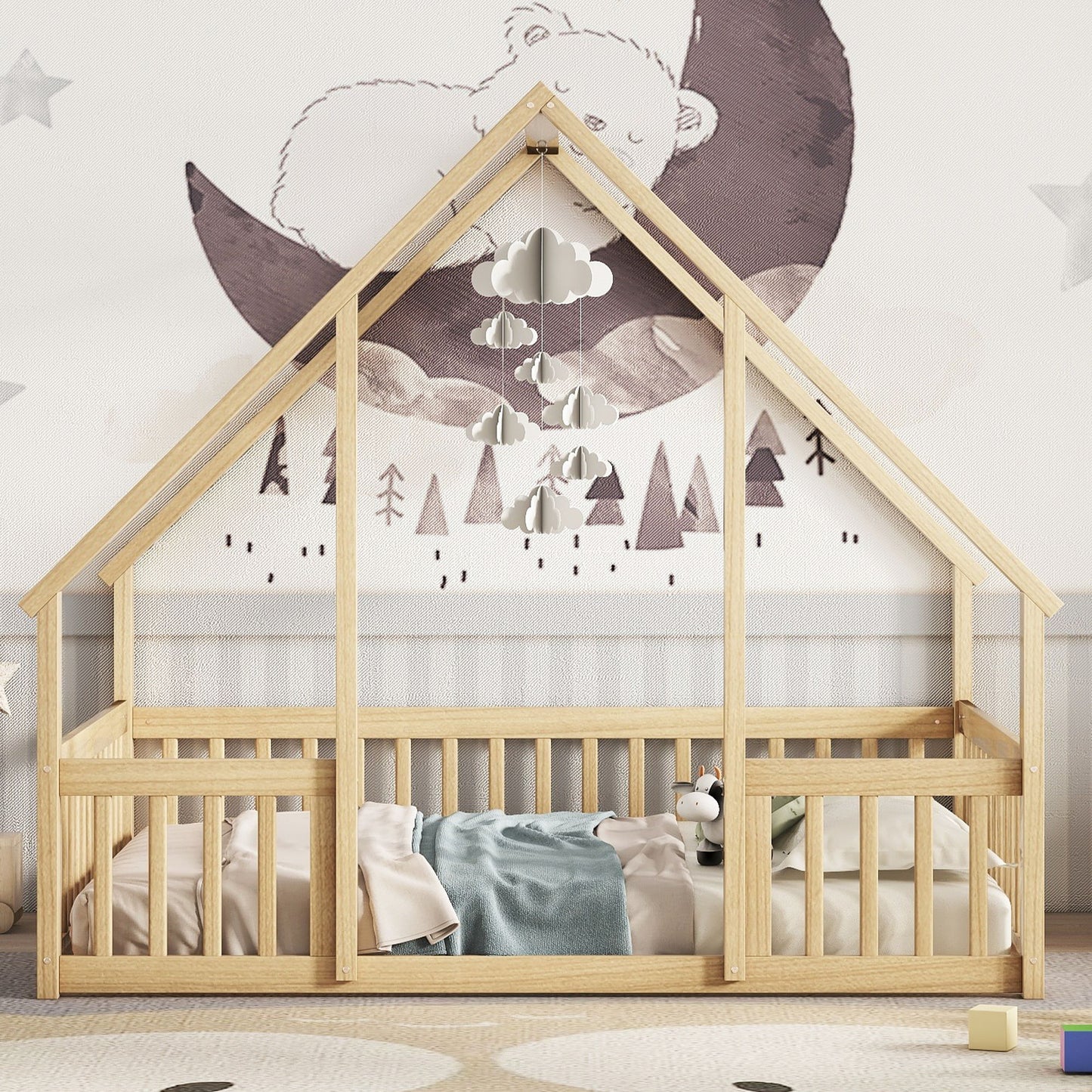 Full Wood House-Shaped Floor Bed With Fence, Guardrails - Natural