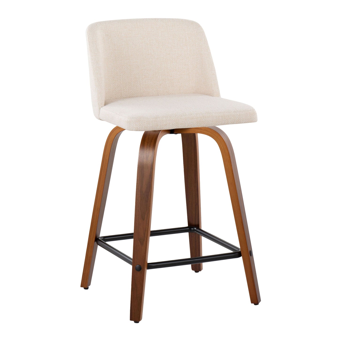 Toriano - Mid-Century Modern Fixed Height Counter Stool With Swivel & Square Footrest (Set of 2) - Walnut / Cream