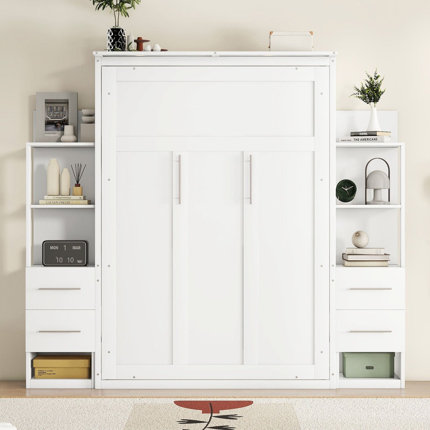 Full Size Murphy Wall Bed With Shelves, Drawers And LED Lights - White