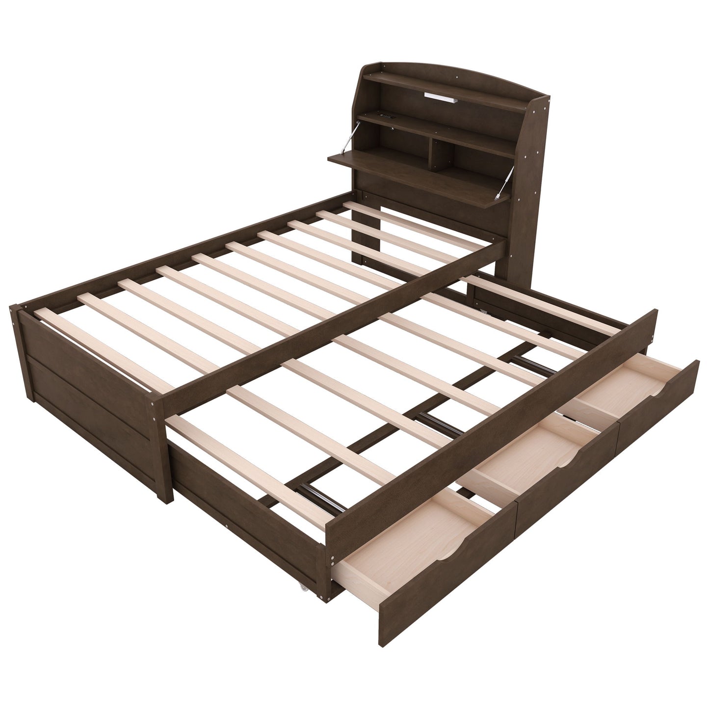 Twin Size LED Platform Bed With Trundle With Storage Headboard With Drawers - Brown