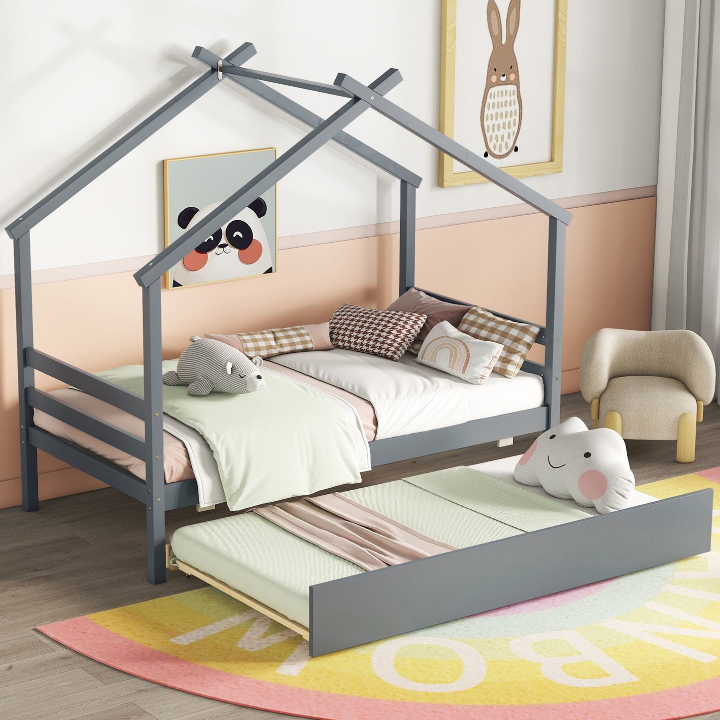 Twin Size House-Shaped Bed With Trundle - Gray
