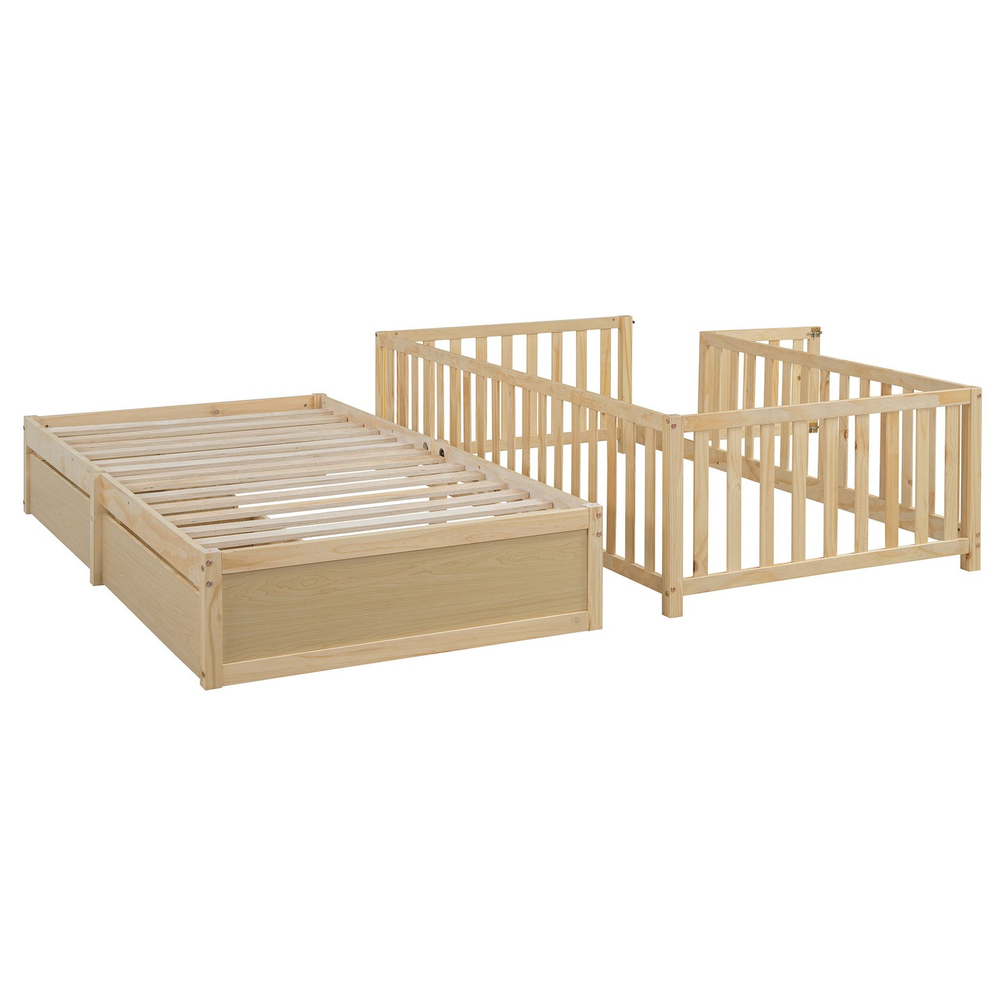 Twin Size Daybed With Fence Guardrails And 2 Drawers, Versatile Split Floor Bed & Daybed - Natural