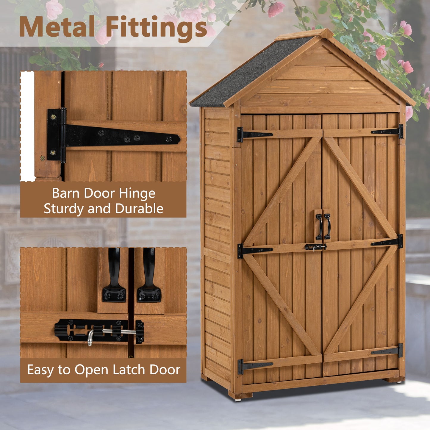 Outdoor Storage Cabinet, Garden Wood Tool Shed, Outside Wooden Shed Closet With Shelves And Latch For Yard - Light Brown