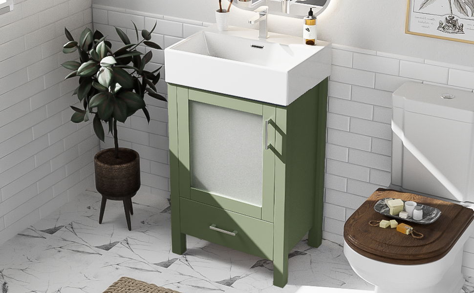 Bathroom Vanity With Ceramic Sink And Ample Storage, Ideal For Small Bathrooms - Green