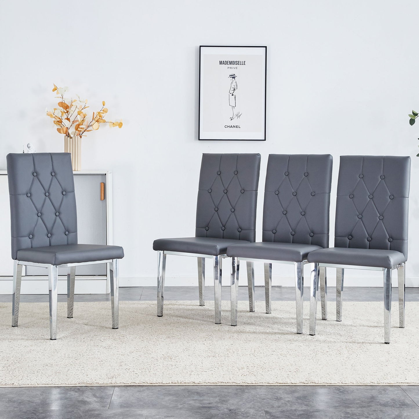 Armless Dining Chairs, Grid And Buckle Design Of The Back (Set of 4) - Gray