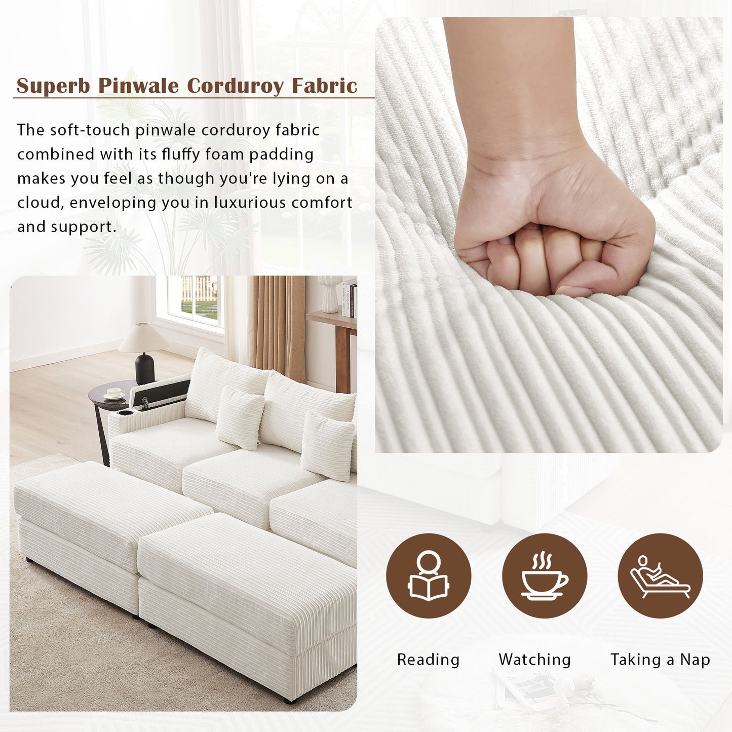 Modern Style 3 Seater Sofa Sectional Sofa Couch With Storage Space, Two Movable Ottomans, Two USB Ports, Two Cup Holders, A Phone Holder For Living Room - Beige