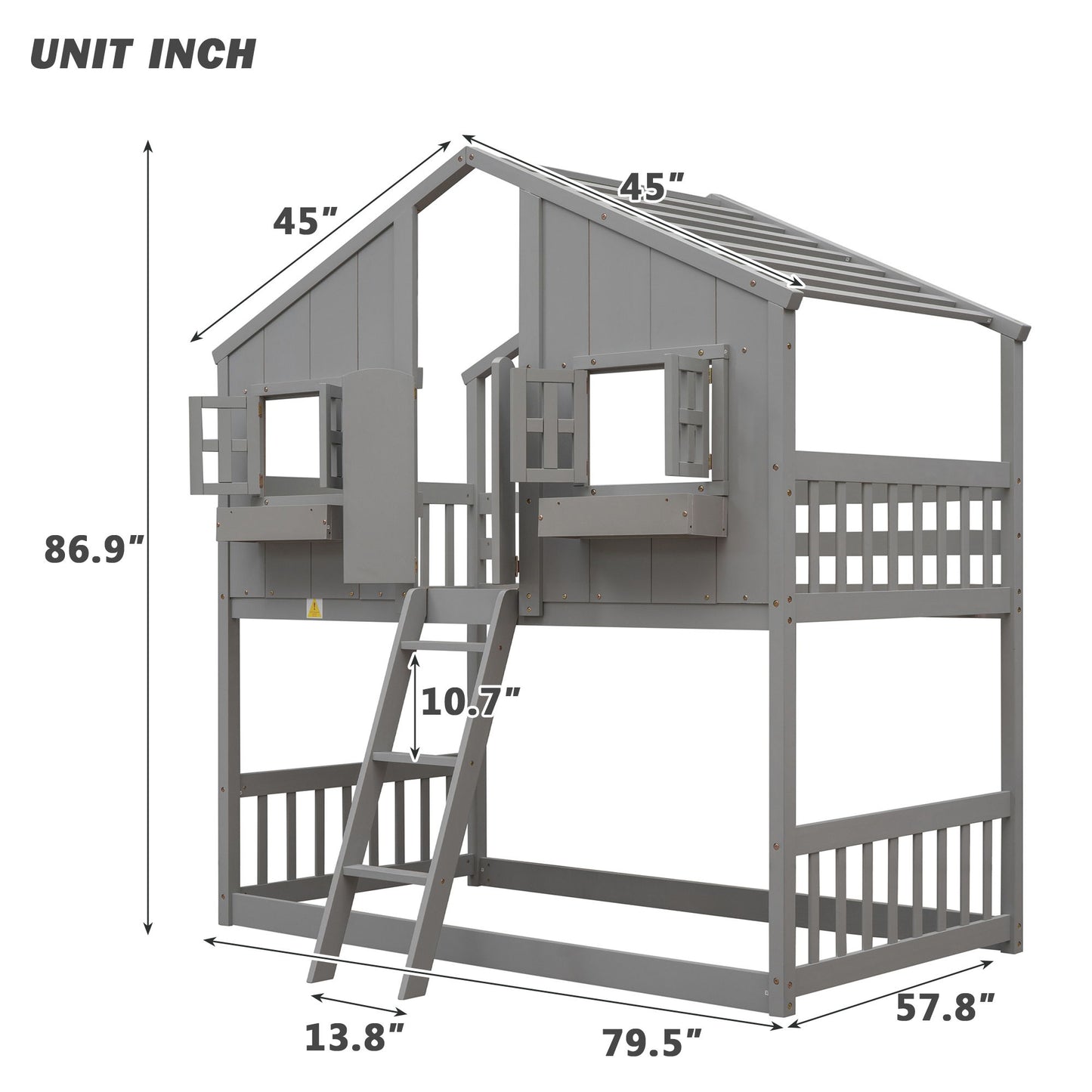 Twin Over Twin House Bunk Bed With Roof, Window, Window Box, Door, With Safety Guardrails And Ladder - Gray