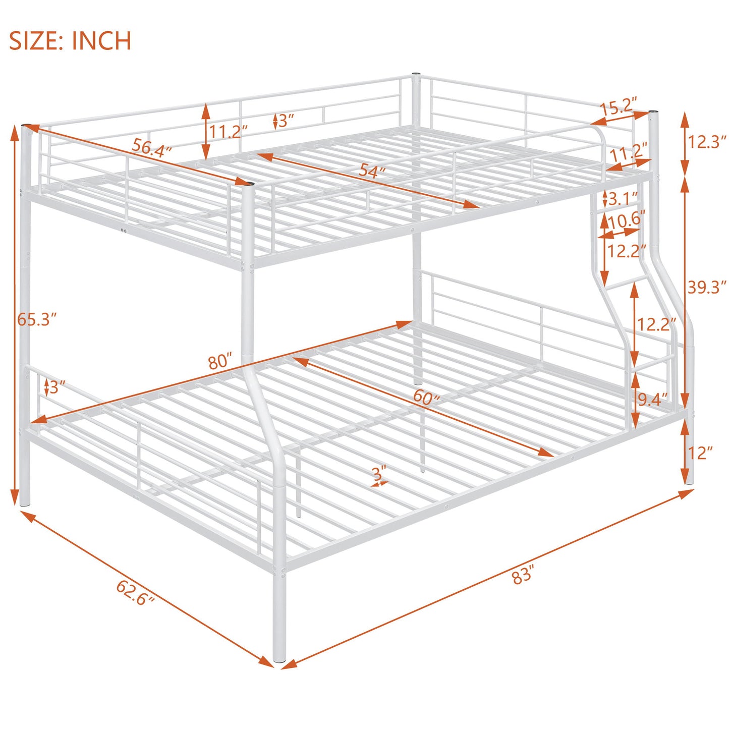 Full Long Over Queen Metal Bunk Bed - White