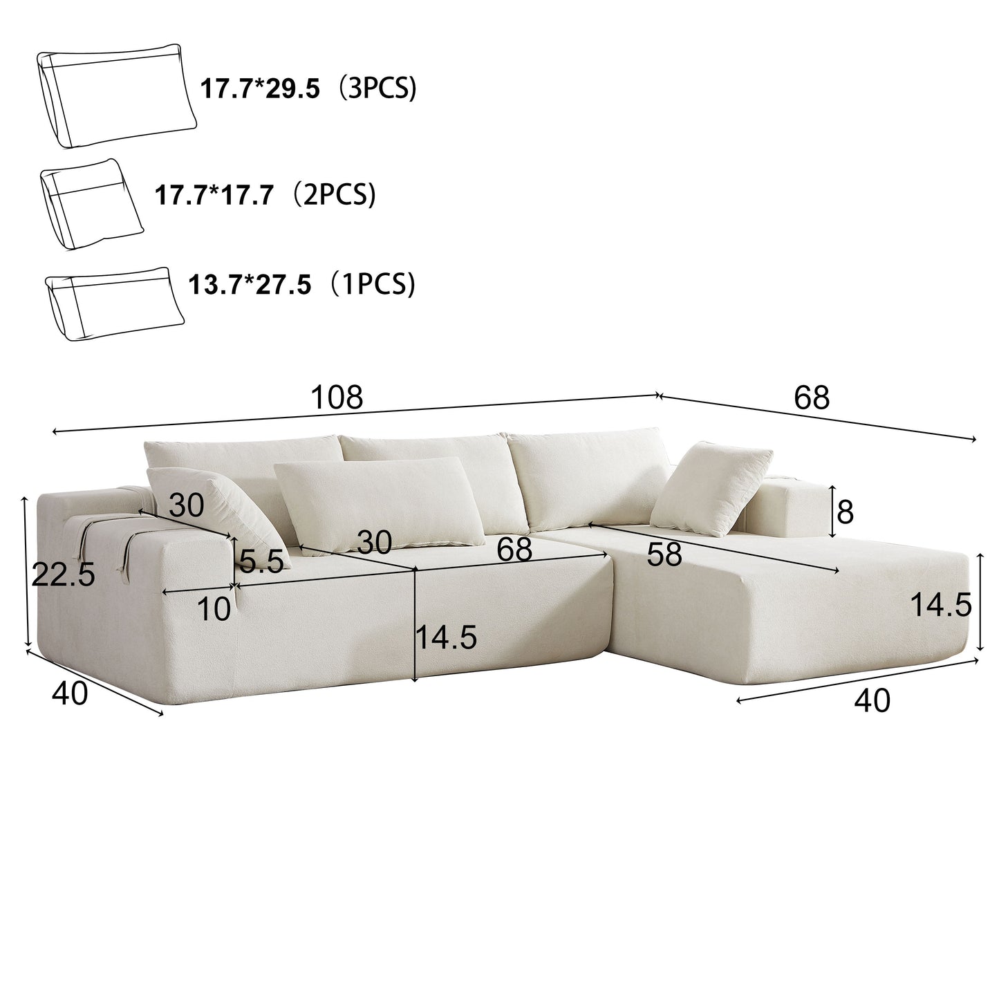 Modern Chenille Upholstered Sectional Sofa Couch Set, Modular L Shaped Sectional Living Room Sofa Set & 6 Pillows, Free Combination - Beige