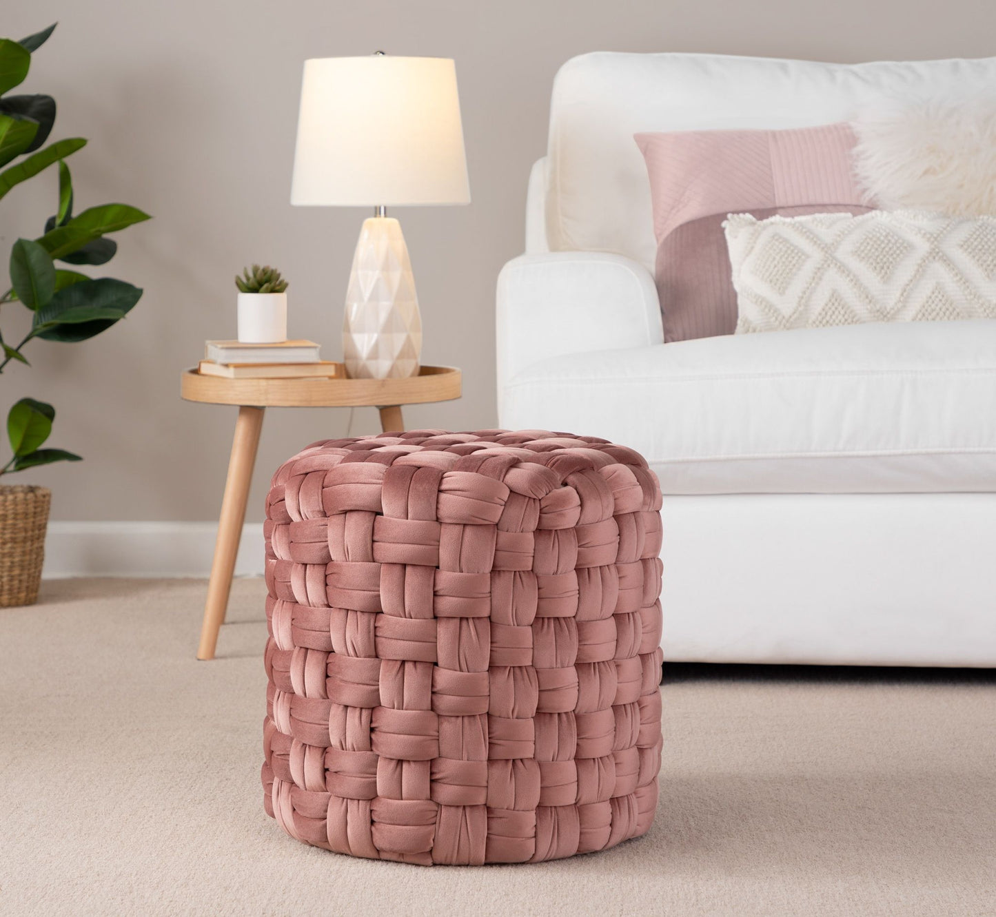 Braided - Round Ottoman - Blush Pink - Velvet